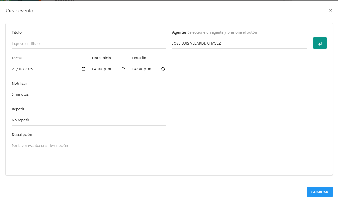 Formulario de creación de un nuevo evento en la agenda.
