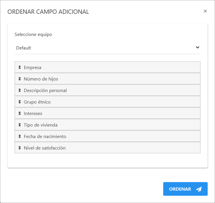 Ventana para ordenar los campos adicionales mediante arrastrar y soltar.