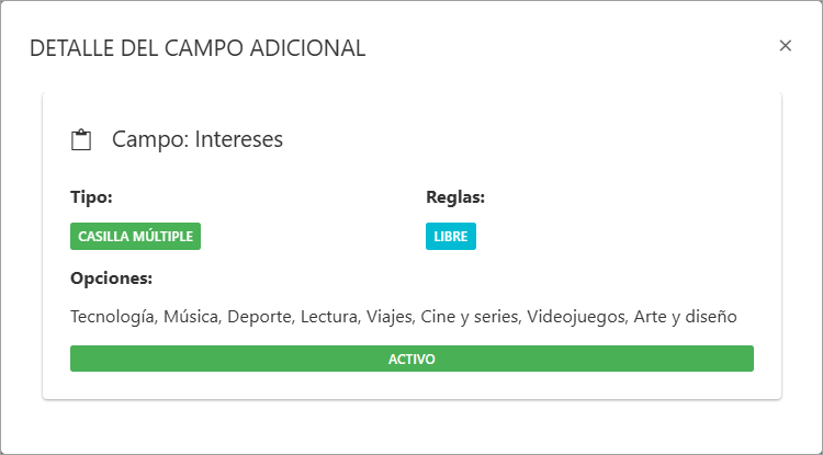 Ventana de detalles de un campo adicional de contacto.