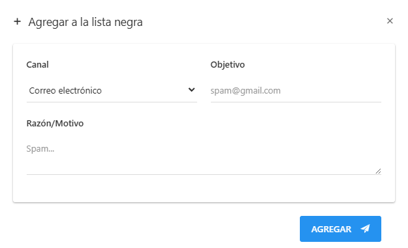 Formulario para agregar un registro a la lista negra con los campos Canal, Objetivo y Razón/Motivo.