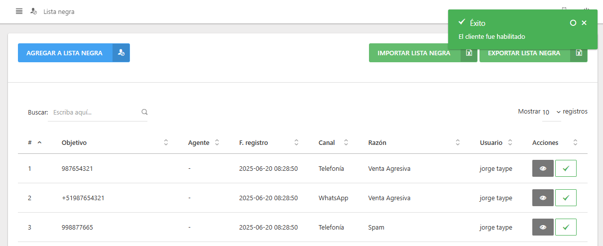 Habilitar lista negra