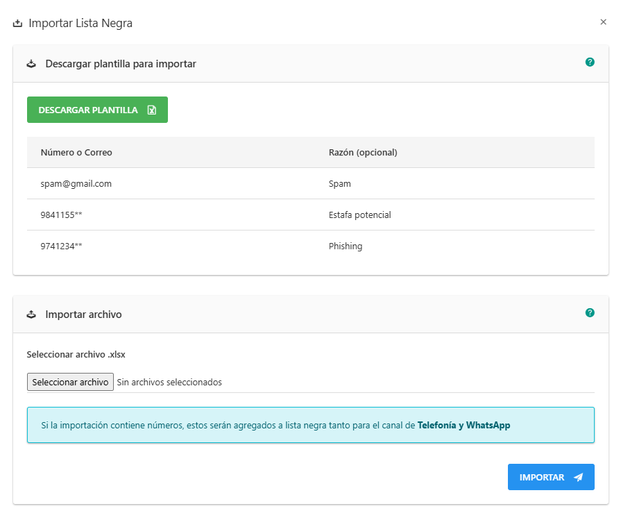 Ventana de importación masiva a Lista Negra, destacando las opciones para descargar plantilla y seleccionar archivo.