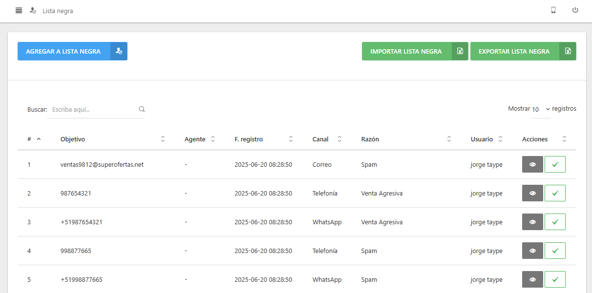 Pantalla principal del módulo de Lista Negra con los botones de acción: Agregar a Lista Negra, Importar Lista Negra y Exportar Lista Negra."