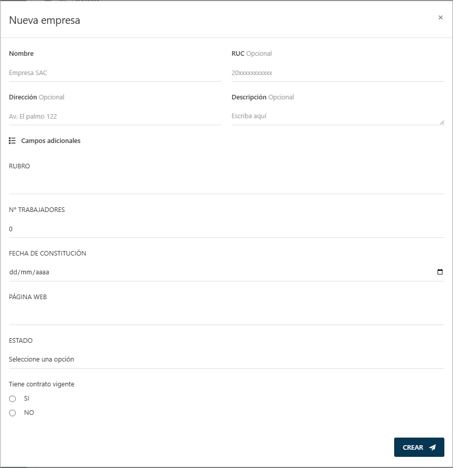 Formulario para crear una nueva empresa, mostrando los campos estándar y los campos adicionales.