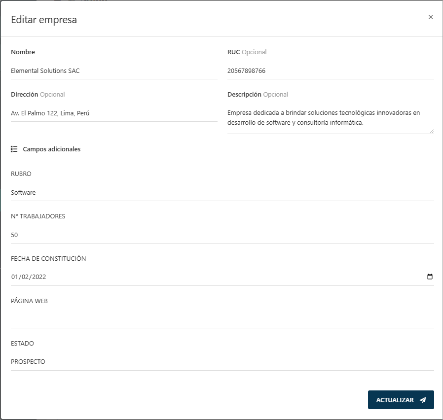 Formulario para editar la información de una empresa existente.
