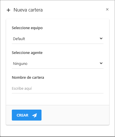 Formulario de creación de una nueva cartera con los campos para seleccionar equipo, agente y nombre de la cartera.