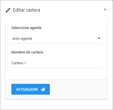 Formulario de edición de una cartera existente, mostrando los campos precargados.
