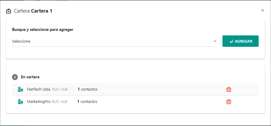 Interfaz para gestionar los contactos de una cartera, con un buscador para agregar contactos y una lista de los contactos ya asignados.