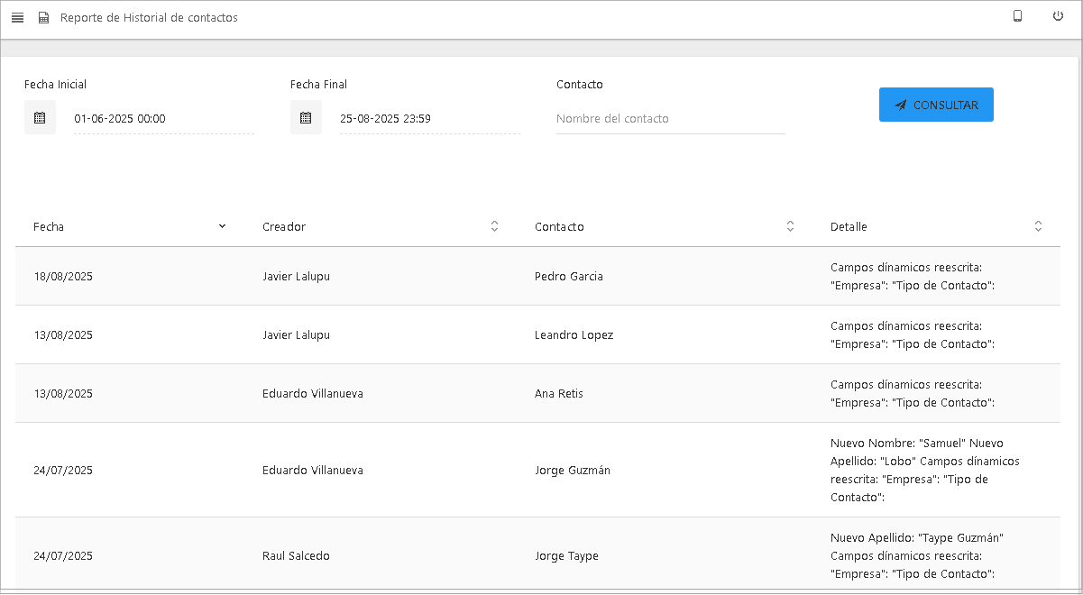 Reporte de Historial de Contactos