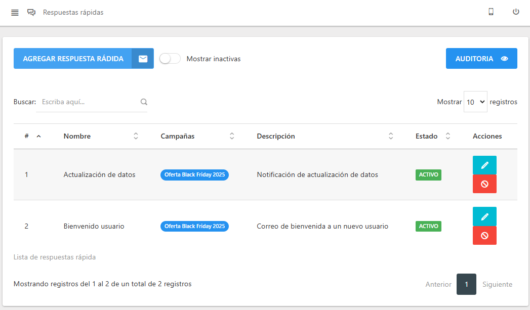 Lista de Respuestas Rápidas