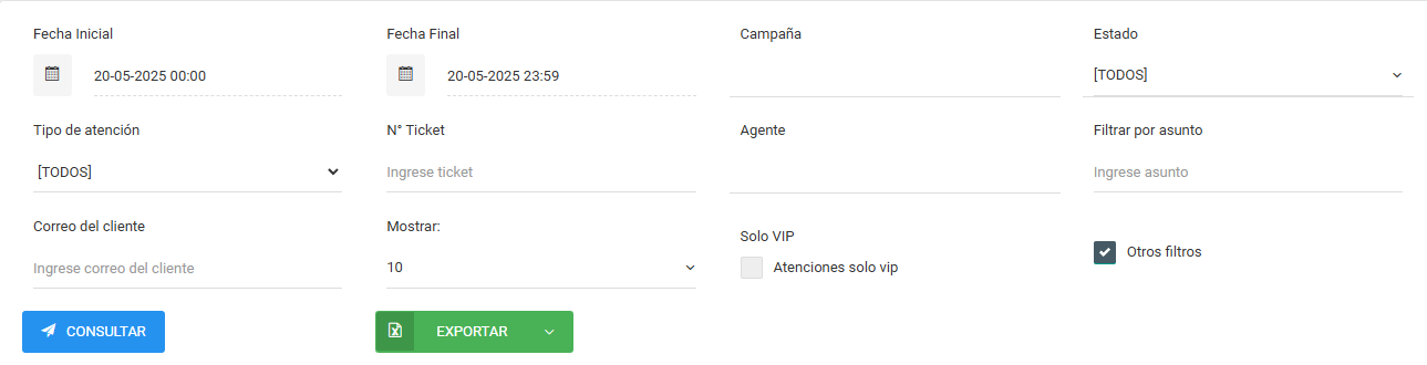 Filtros del reporte de interacciones