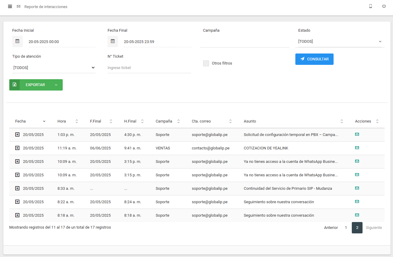 Vista del Reporte de Interacciones