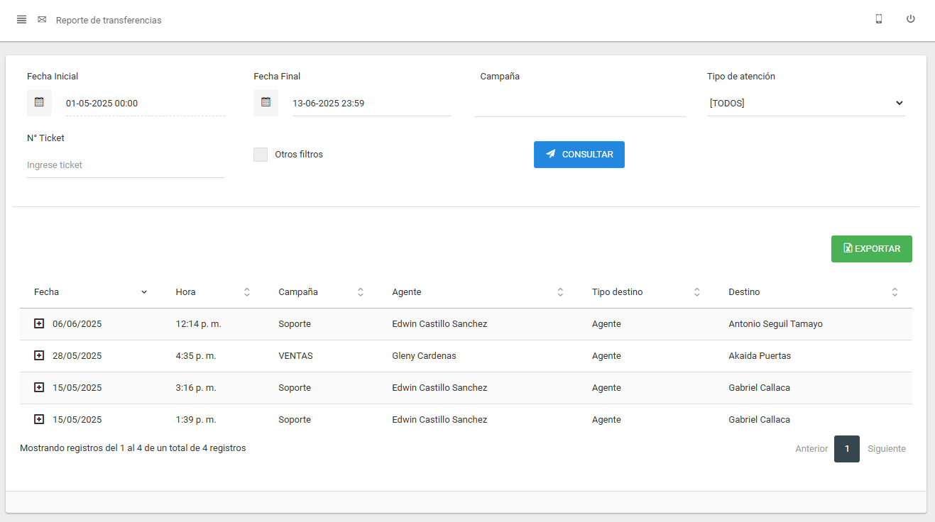 Vista del Reporte de Transferencias