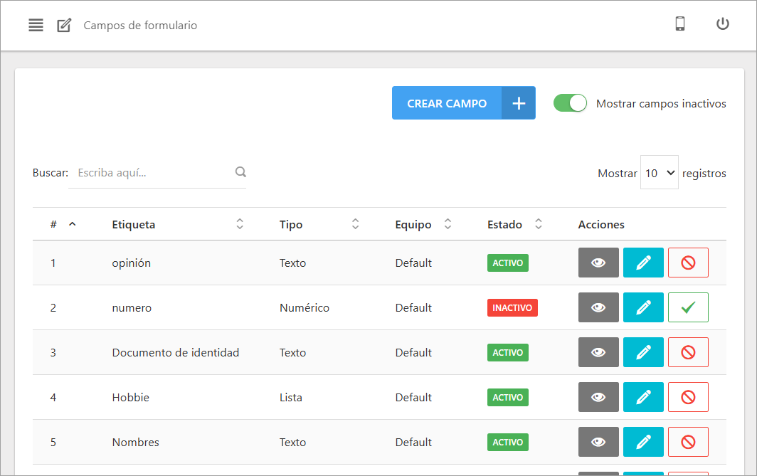 Lista de campos de formulario mostrando el interruptor para ver campos inactivos y los botones de activar/desactivar.