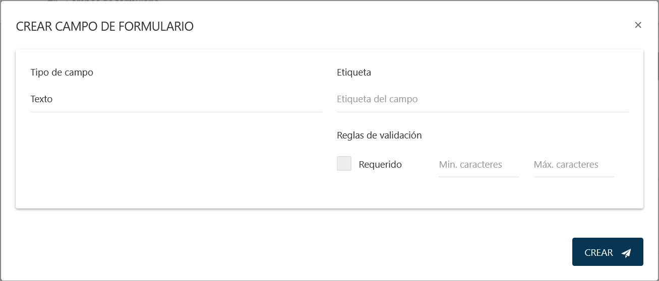 Ventana para crear un nuevo campo de formulario con opciones para Nombre, Tipo de campo y si es Requerido.