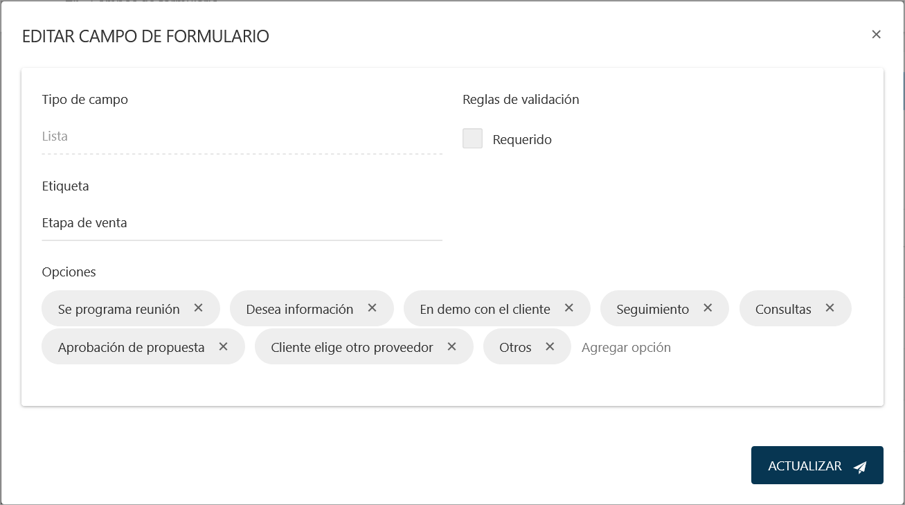 Ventana para editar un campo de formulario existente, mostrando los datos previamente cargados.