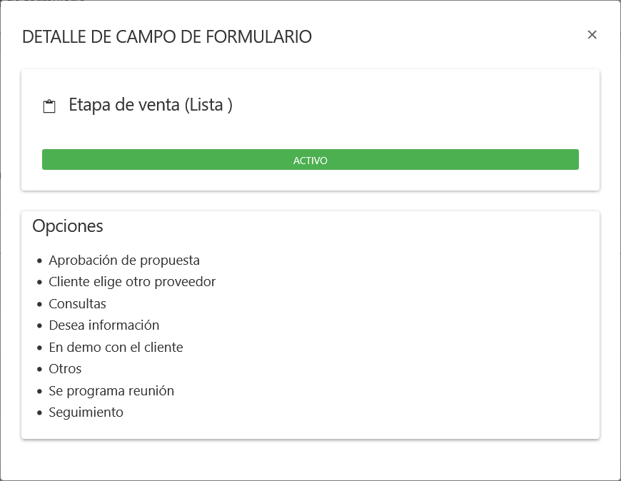 Ventana de detalle de un campo, mostrando sus datos y la lista de campañas que lo utilizan.