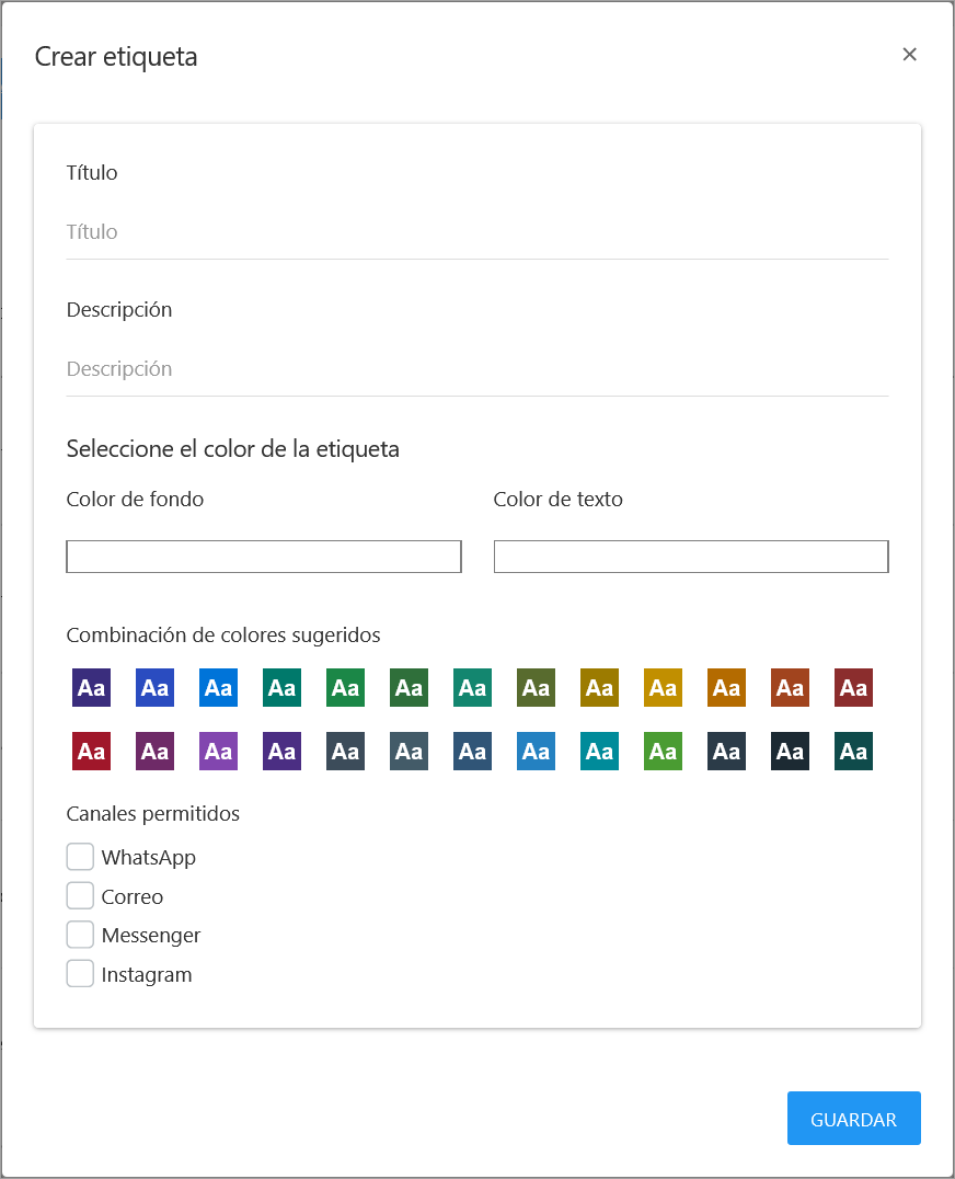 Formulario para crear una nueva etiqueta con campos para Título, Descripción, Color y Canales.