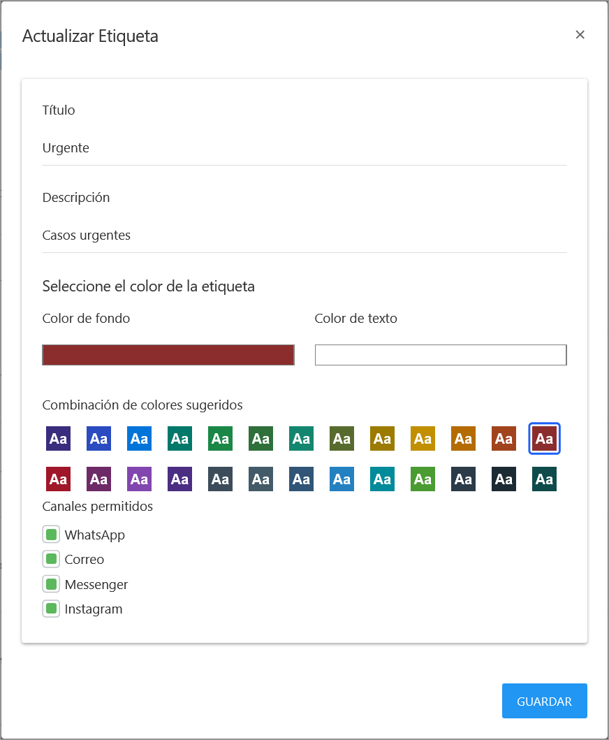 Ventana para actualizar una etiqueta, mostrando los campos Título, Descripción y colores ya cargados.