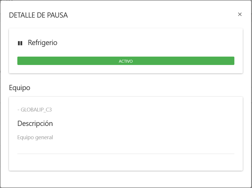 Ventana de detalle de pausa, mostrando los datos de la pausa