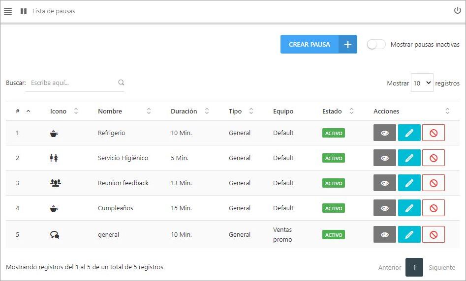 Pantalla principal del módulo de Pausas, mostrando una lista de pausas con su tipo, duración y estado.
