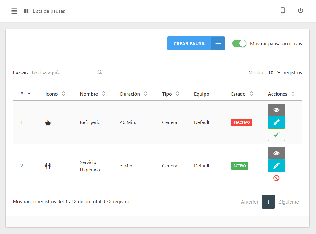 Lista de pausas mostrando el interruptor para ver pausas inactivas y los botones de activar/desactivar.