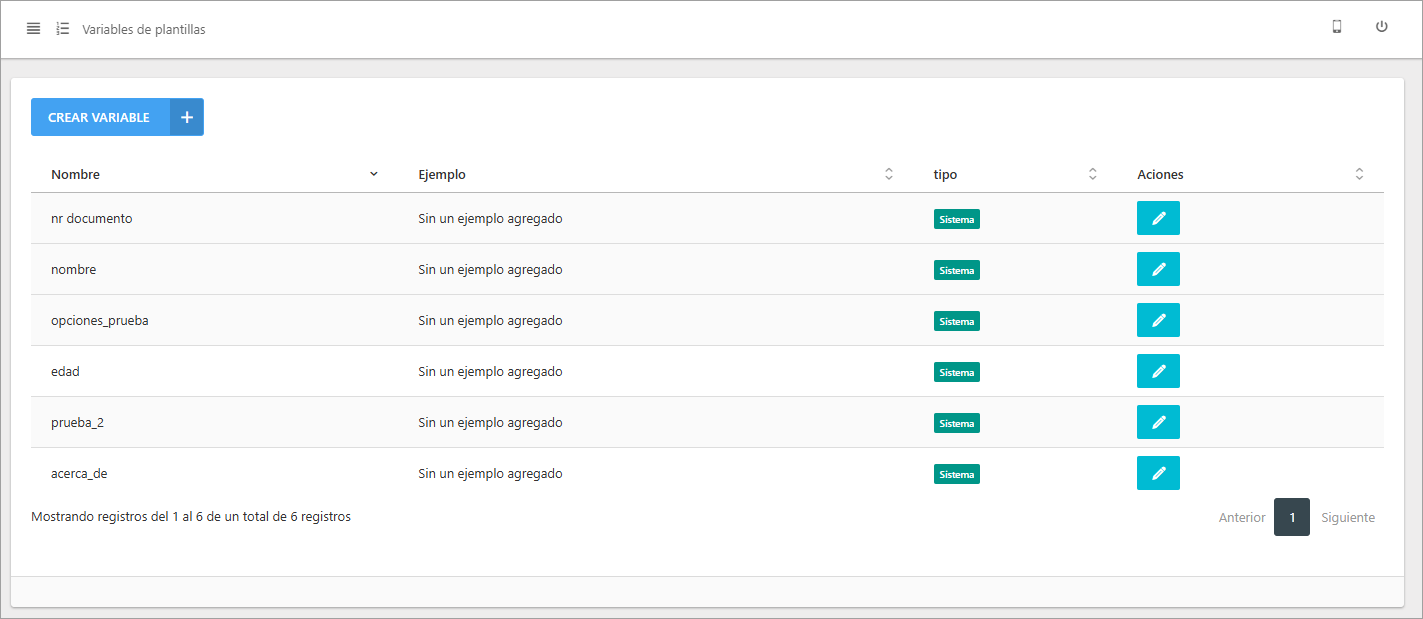 Lista de variables de plantilla disponibles en el sistema.