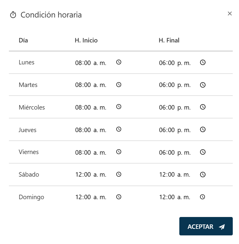 Configuración de la condición horaria
