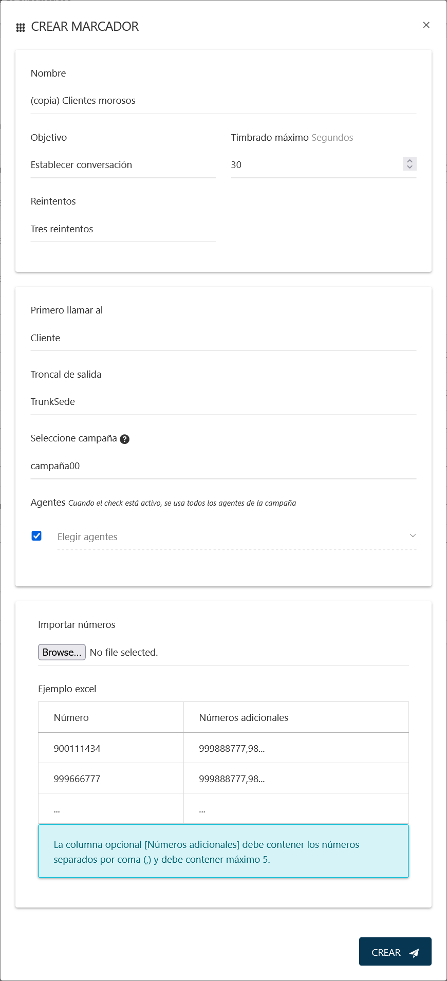 Formulario para clonar un marcador, precargado con la información del original.