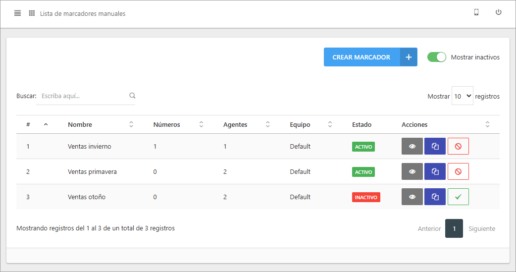 Lista de marcadores mostrando el interruptor de 'Mostrar inactivos' habilitado.