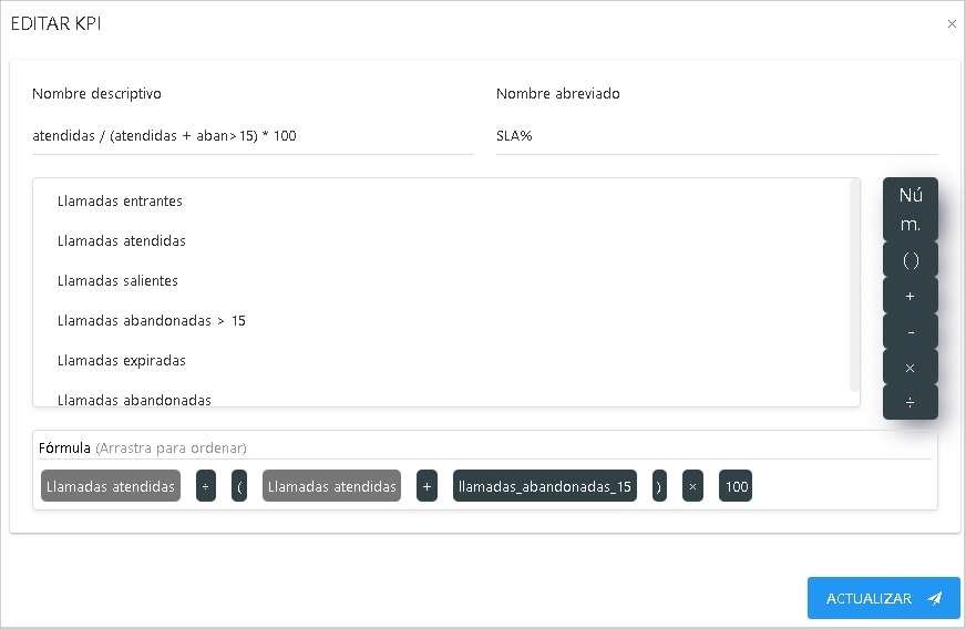 Formulario de edición de un KPI, mostrando una fórmula ya construida.