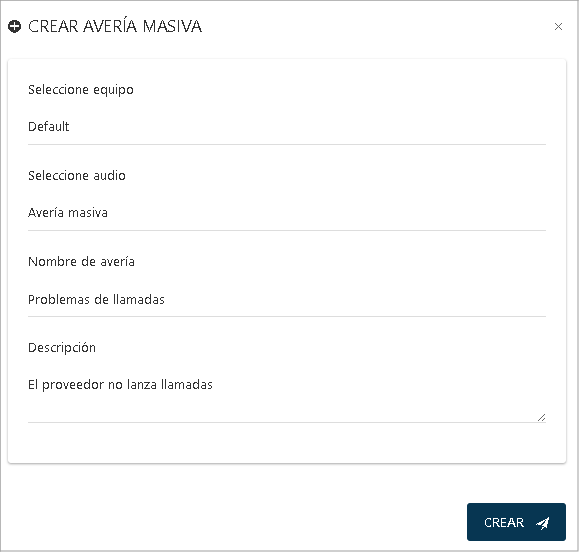 Formulario para crear una nueva avería masiva.