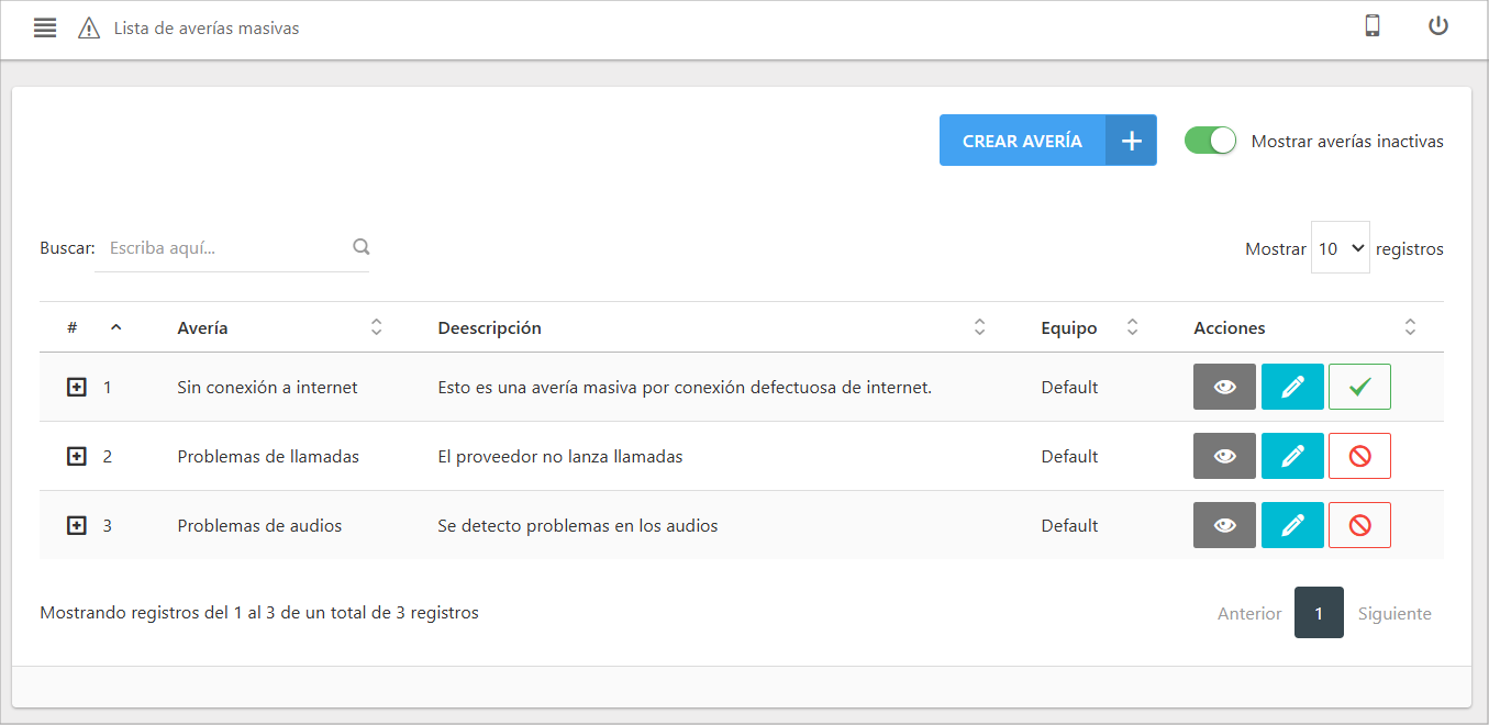 Lista de averías mostrando el interruptor de 'Mostrar inactivas' habilitado.
