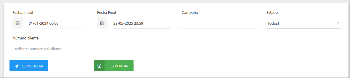 Sección de filtros del reporte