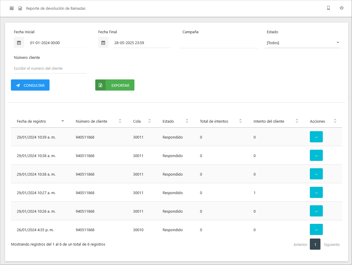 Reporte de Devolución de Llamadas