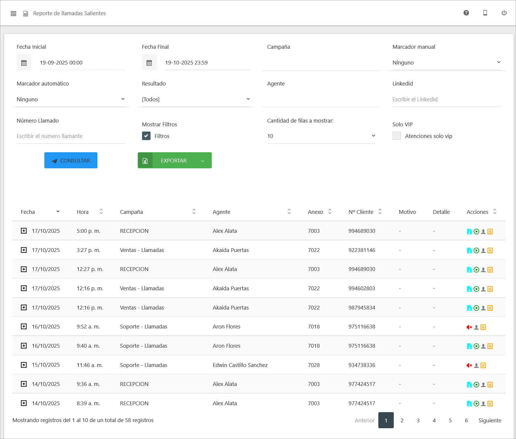 Reporte de llamadas Salientes