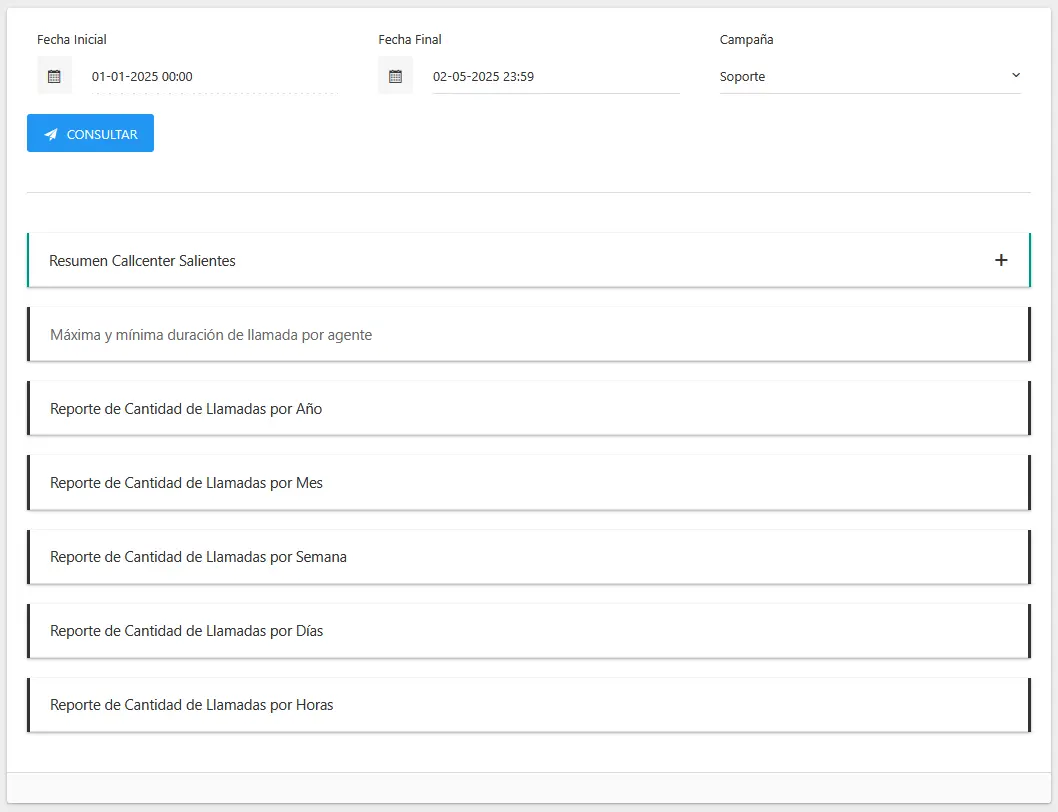 Vista principal del Reporte Resumen de Llamadas Salientes.