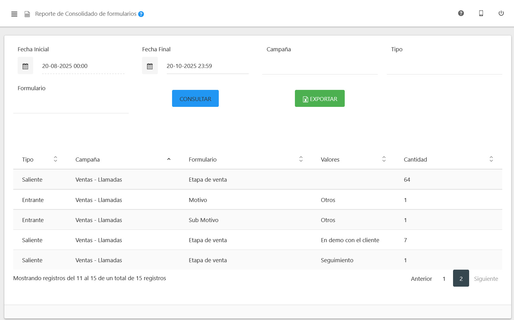 Reporte de Consolidado de Formularios