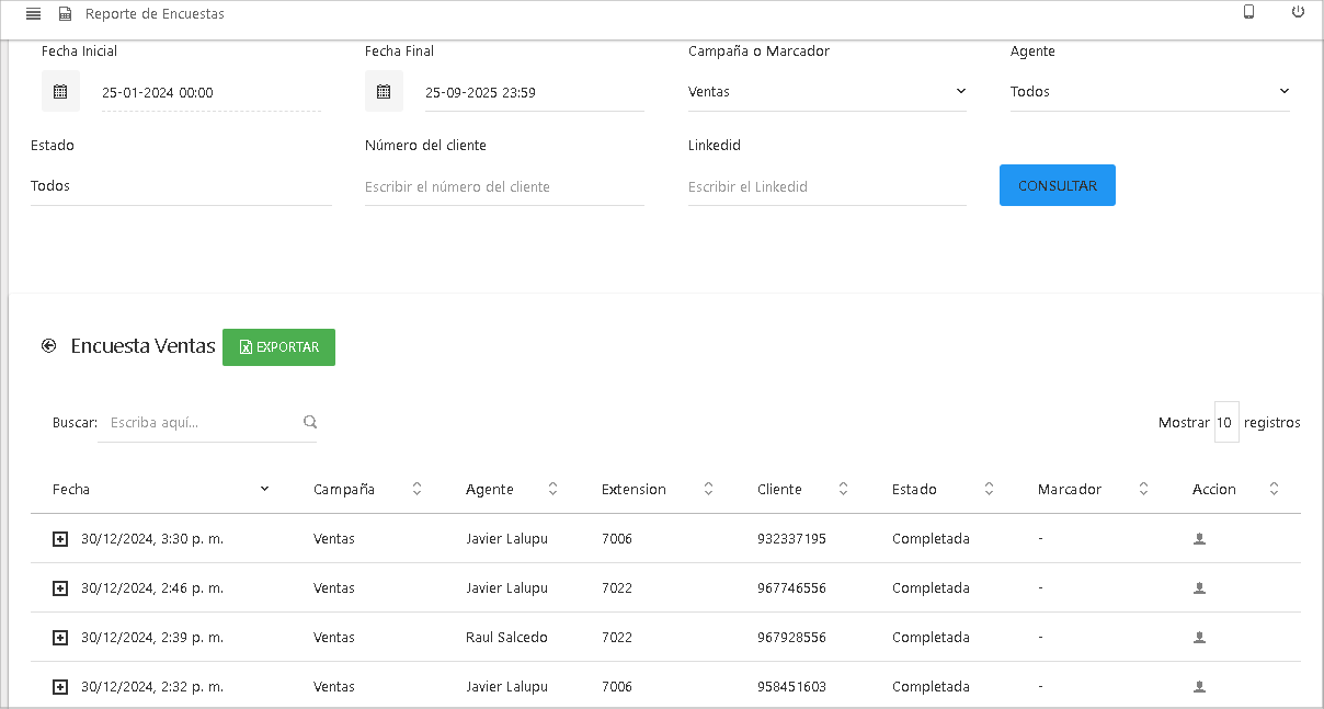Vista principal del Reporte de Encuestas.
