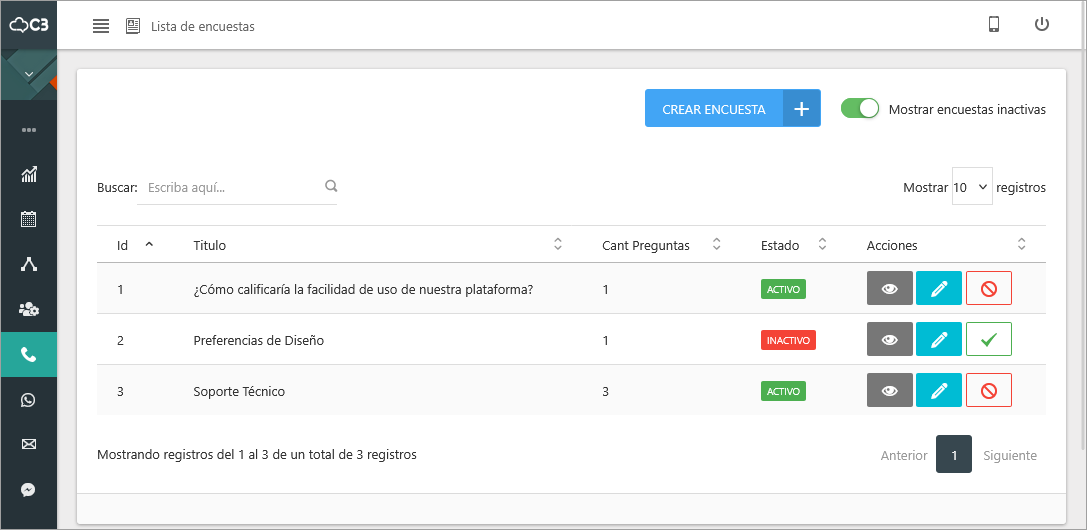 Lista de encuestas mostrando el interruptor de 'Mostrar inactivas' habilitado.