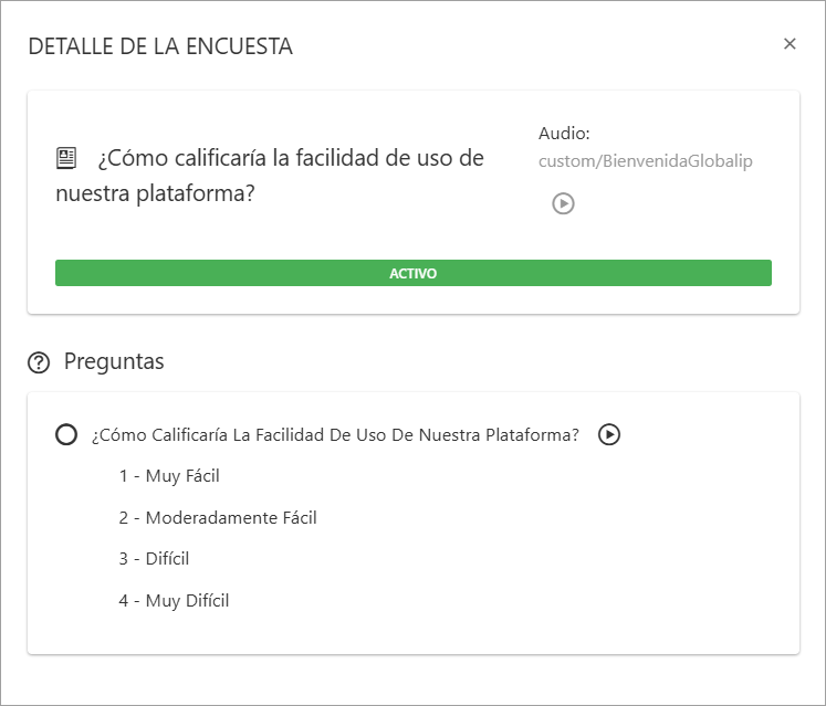 Ventana de vista detallada de una encuesta, mostrando su estructura completa.