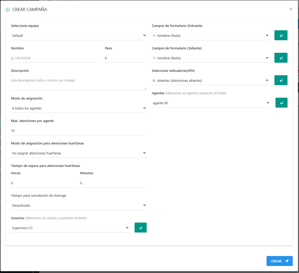 Formulario para crear una nueva campaña de WhatsApp.