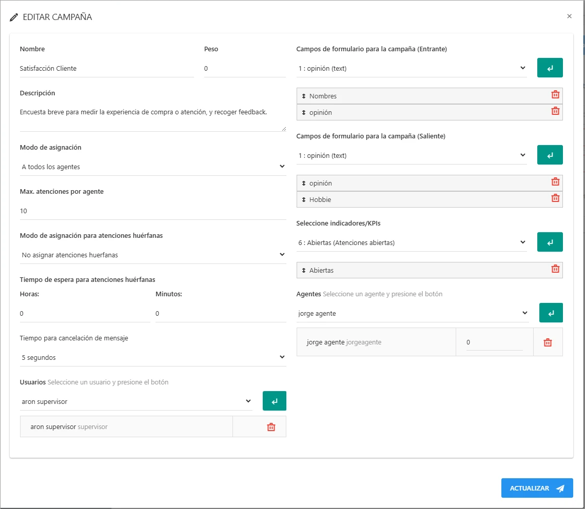 Formulario de edición de una campaña de WhatsApp con los campos precargados.
