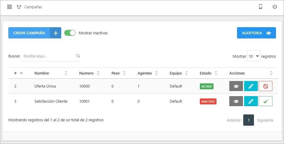 Lista de campañas inactivas después de activar el interruptor "Mostrar inactivas".