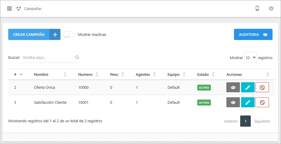 Vista principal del módulo de Campañas de WhatsApp, mostrando una lista de campañas existentes con opciones para crear, editar y filtrar.