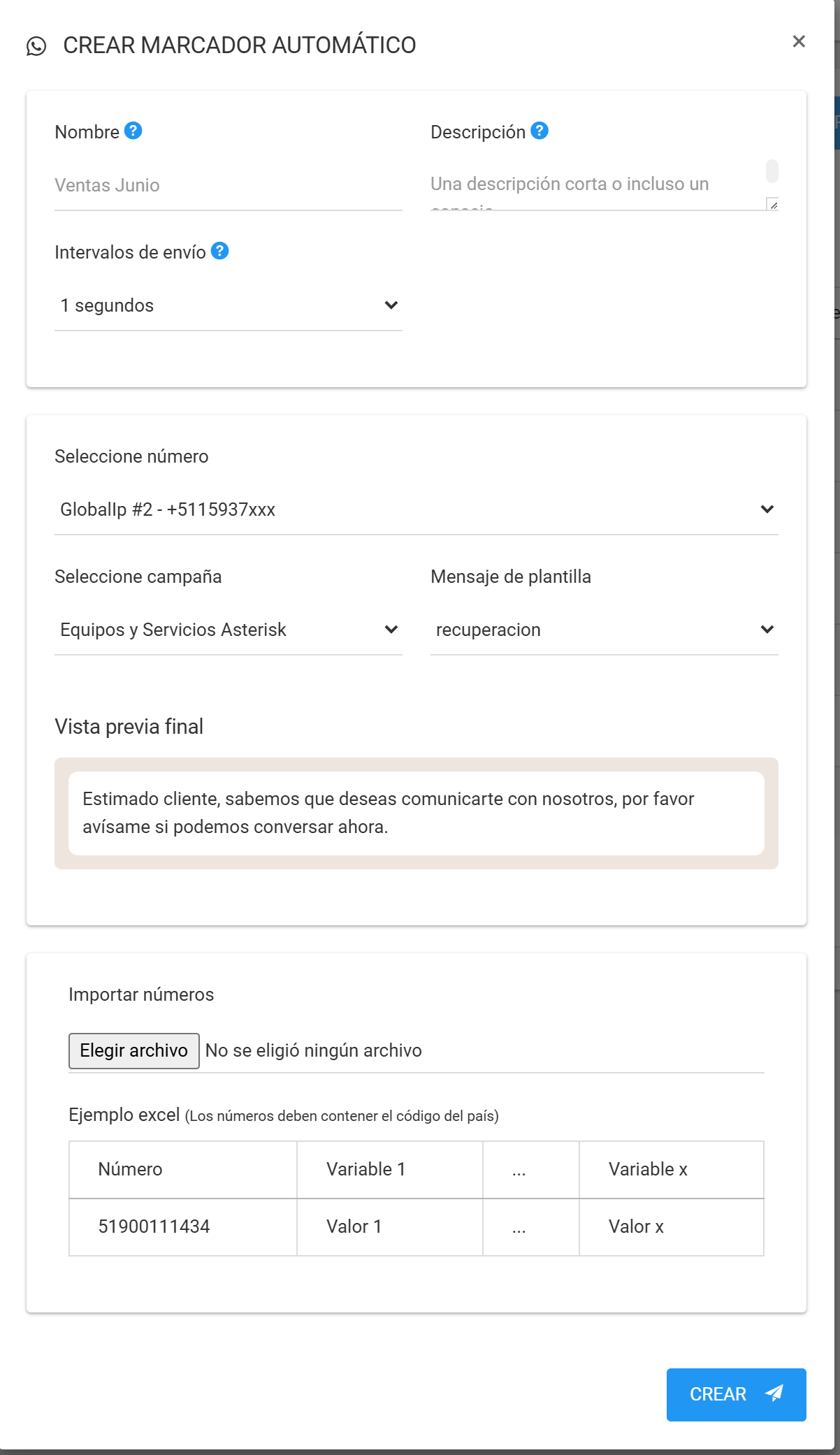 Formulario para crear un nuevo marcador automático de WhatsApp.