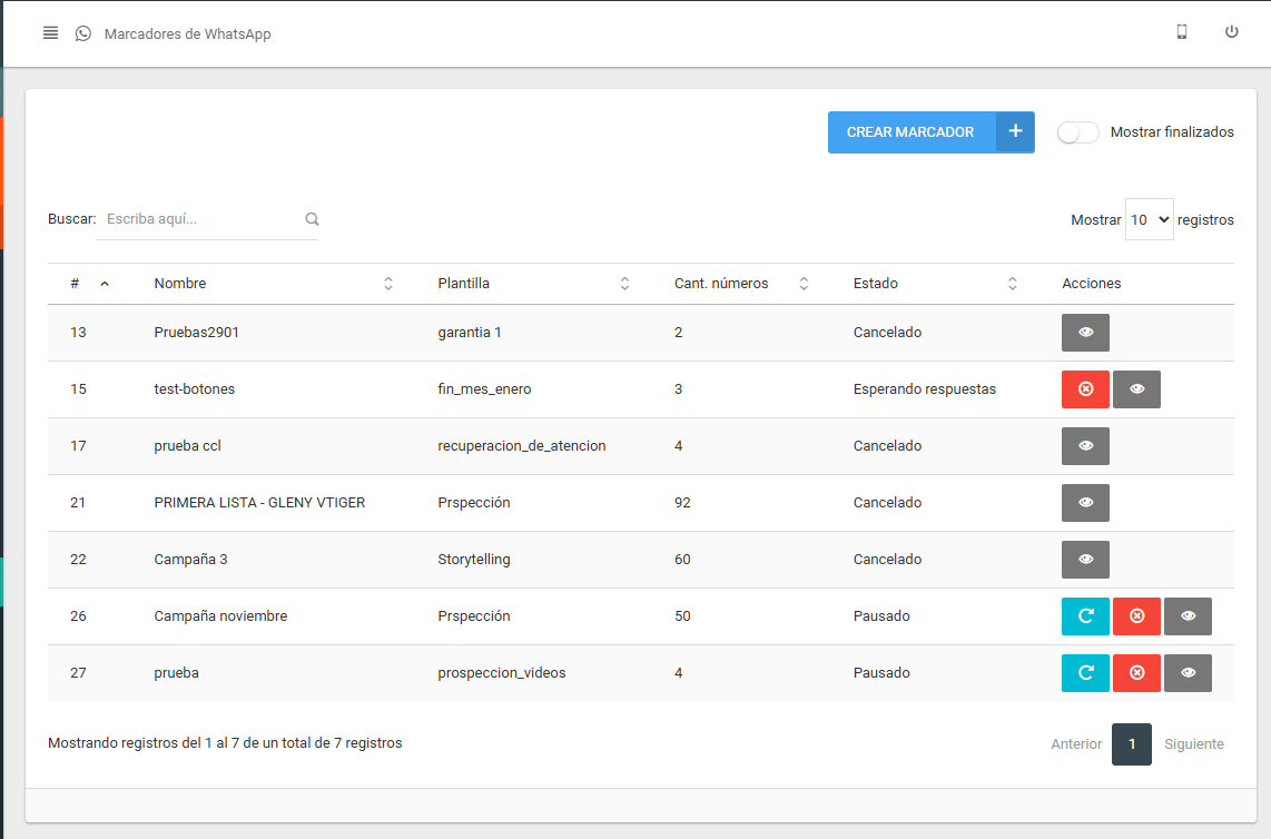Vista principal del módulo de Marcadores de WhatsApp.