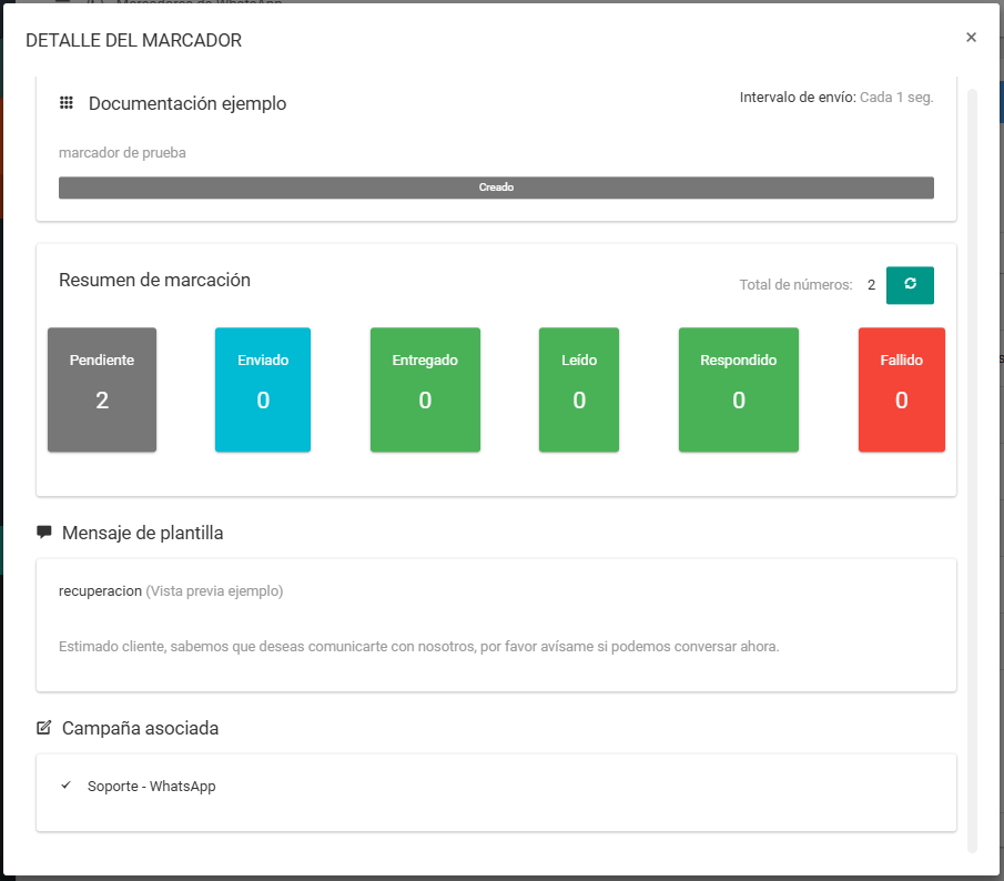 Ventana de detalle del marcador con el resumen de marcación.