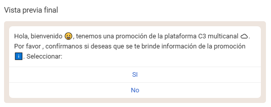 Vista previa final de un mensaje de plantilla con botones.