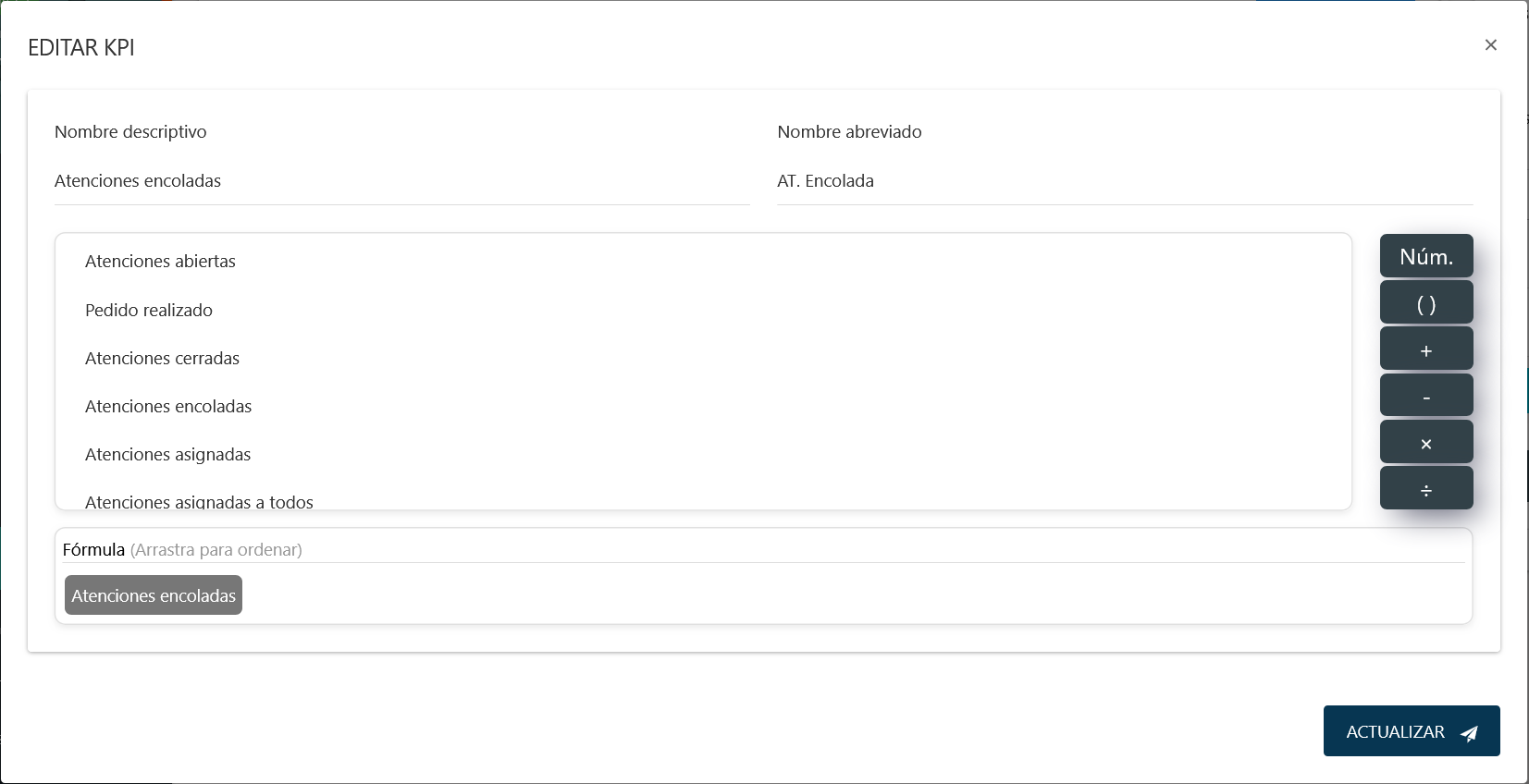 Formulario de edición de un KPI, mostrando una fórmula ya construida.